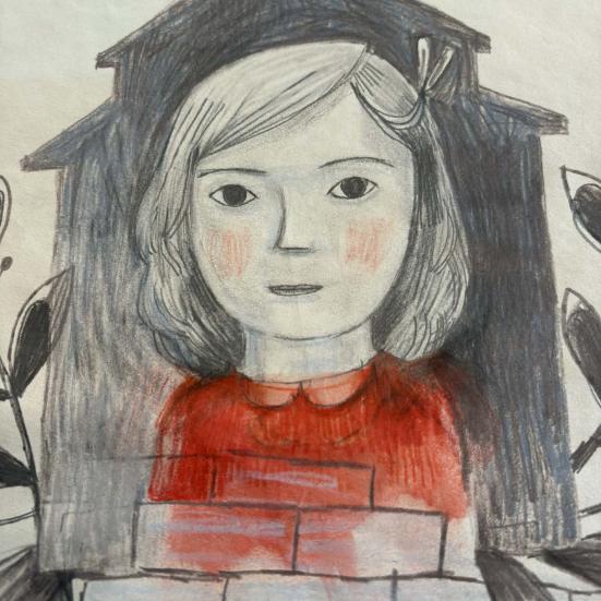 Anna Margrethe Kjærgaard udstiller skitser til billedbogen ’Mit hus – den dag freden forsvandt’ på Rønne Bibliotek forår 2026